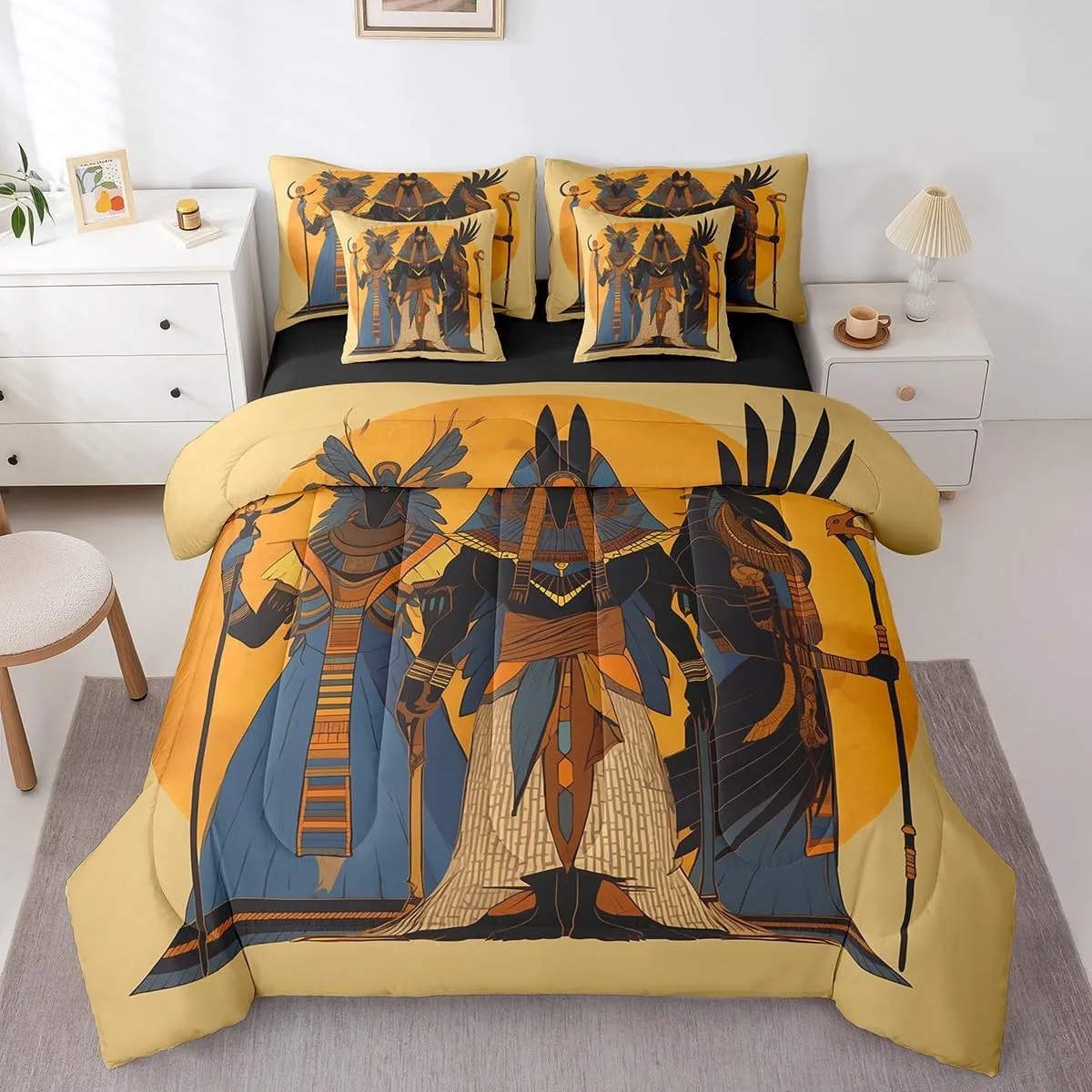 Erosebridal Egypt Style 7 Piece Comforter Set Full Bed in a Bag,Ancient Egyptian Bedding Sets Native American Sheet Set with Comforter