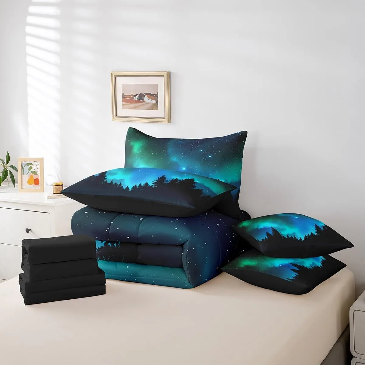 Erosebridal Galaxy Comforter Set 7 Piece Bed in a Bag Twin,Teal Green Polar Lights Bedding Sets Dark Night Starry Sky Comforter and Sheet Set,Jungle Pine Trees Universe Star Northern Lights Bed Set