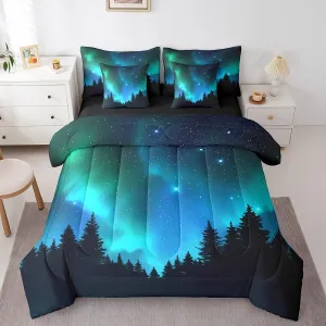 Erosebridal Galaxy Comforter Set 7 Piece Bed in a Bag Twin,Teal Green Polar Lights Bedding Sets Dark Night Starry Sky Comforter and Sheet Set,Jungle Pine Trees Universe Star Northern Lights Bed Set