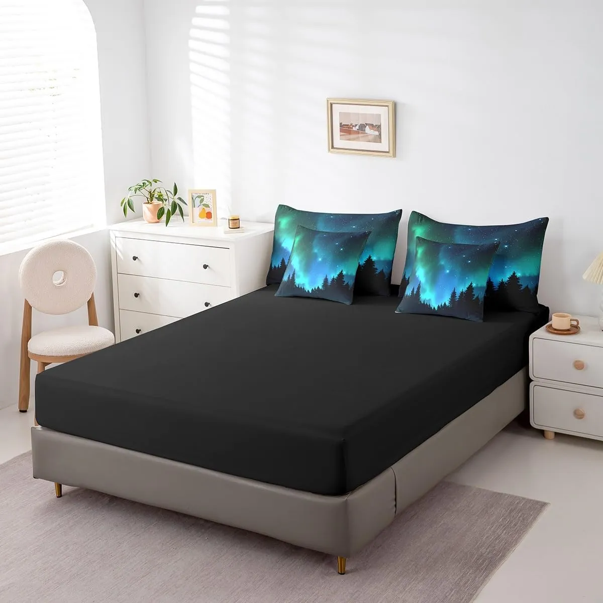 Erosebridal Galaxy Comforter Set 7 Piece Bed in a Bag Twin,Teal Green Polar Lights Bedding Sets Dark Night Starry Sky Comforter and Sheet Set,Jungle Pine Trees Universe Star Northern Lights Bed Set