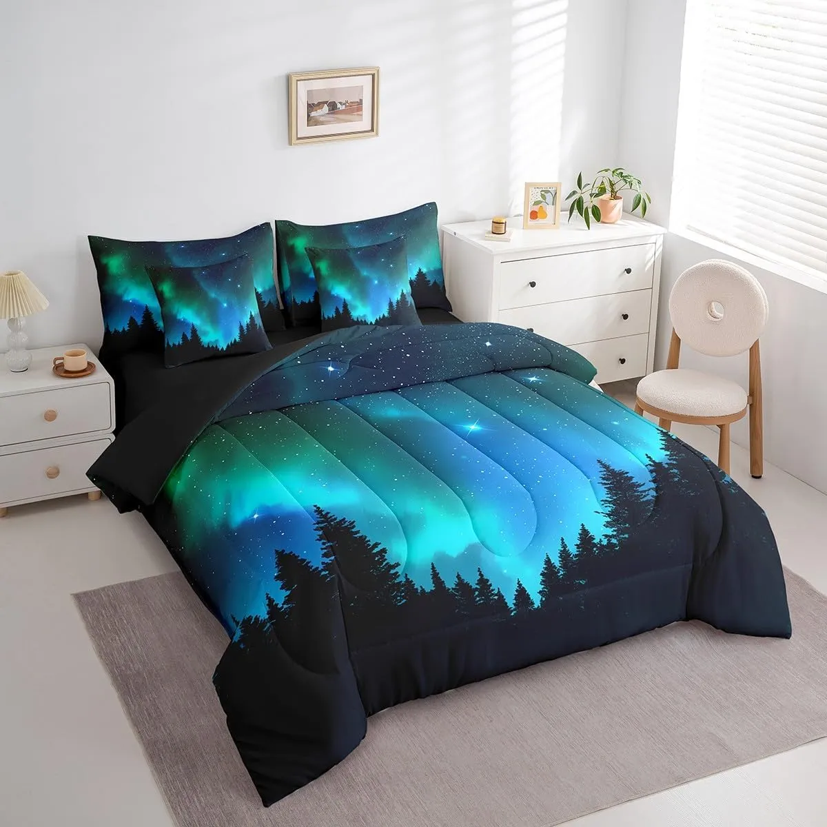 Erosebridal Galaxy Comforter Set 7 Piece Bed in a Bag Twin,Teal Green Polar Lights Bedding Sets Dark Night Starry Sky Comforter and Sheet Set,Jungle Pine Trees Universe Star Northern Lights Bed Set