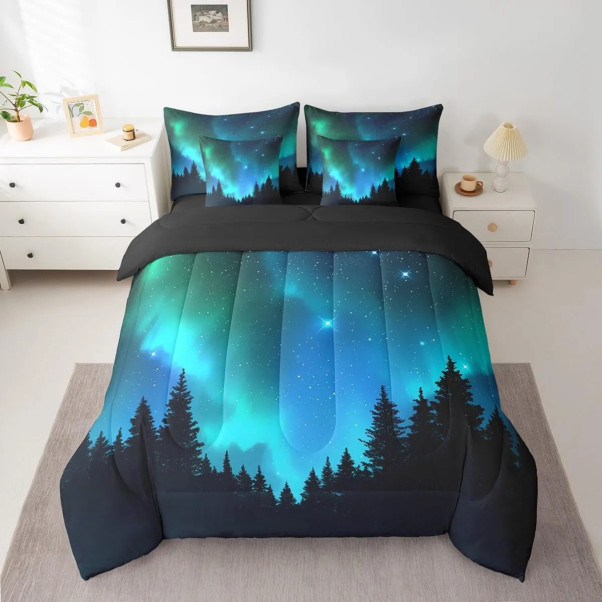 Erosebridal Galaxy Comforter Set 7 Piece Bed in a Bag Twin,Teal Green Polar Lights Bedding Sets Dark Night Starry Sky Comforter and Sheet Set,Jungle Pine Trees Universe Star Northern Lights Bed Set