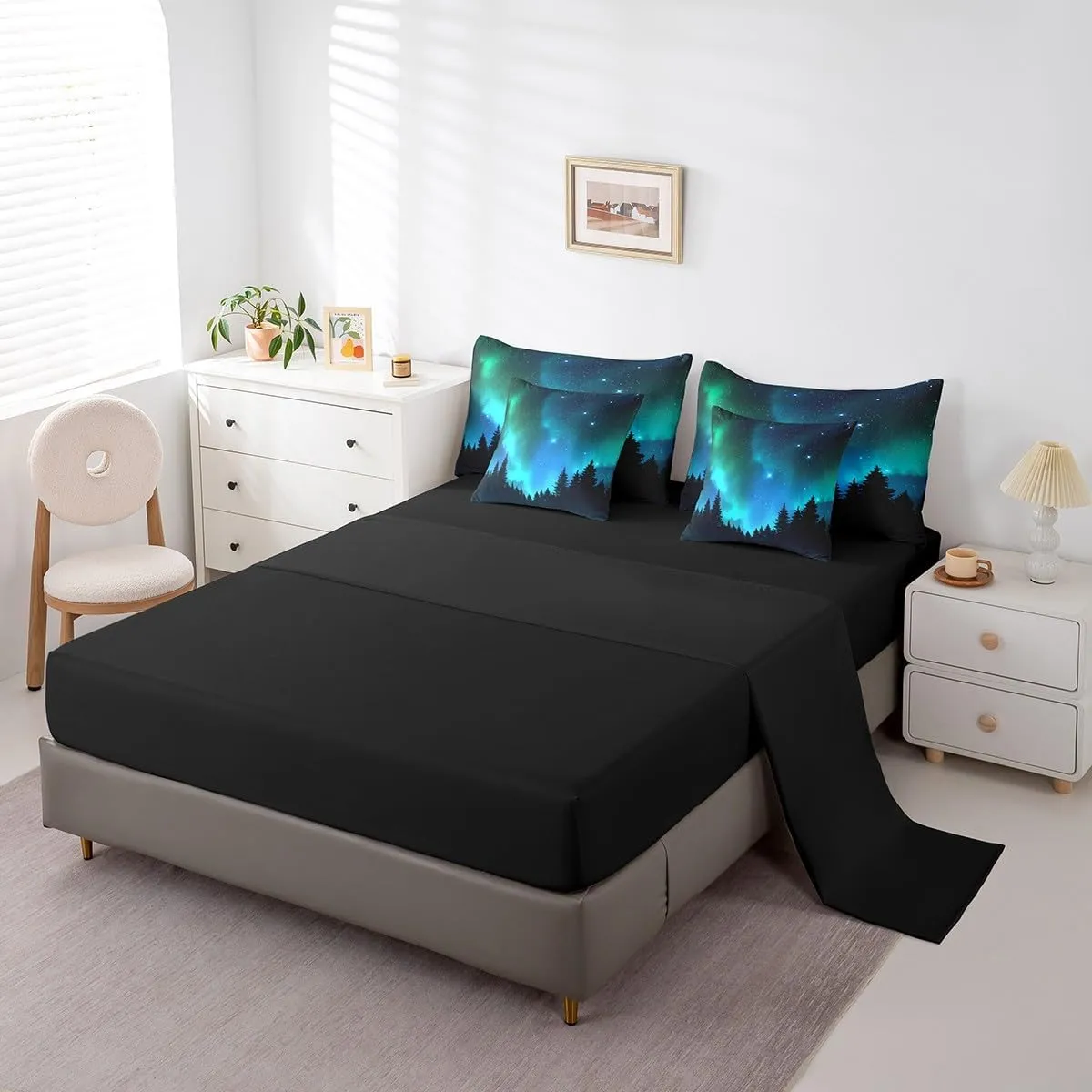 Erosebridal Galaxy Comforter Set 7 Piece Bed in a Bag Twin,Teal Green Polar Lights Bedding Sets Dark Night Starry Sky Comforter and Sheet Set,Jungle Pine Trees Universe Star Northern Lights Bed Set