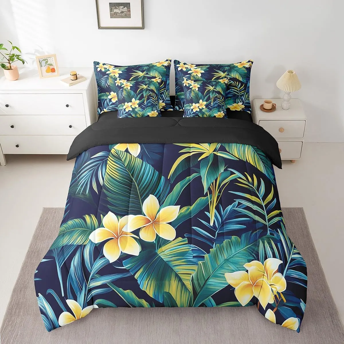 Erosebridal Hibiscus Flowers Bed in a Bag Queen Comforter Set 7 Piece,Watercolor Shrubalthea Bedding Sets Botanical Floral Althea Sheet Set with Comforter,Tropical Palm Leaves Bed Set