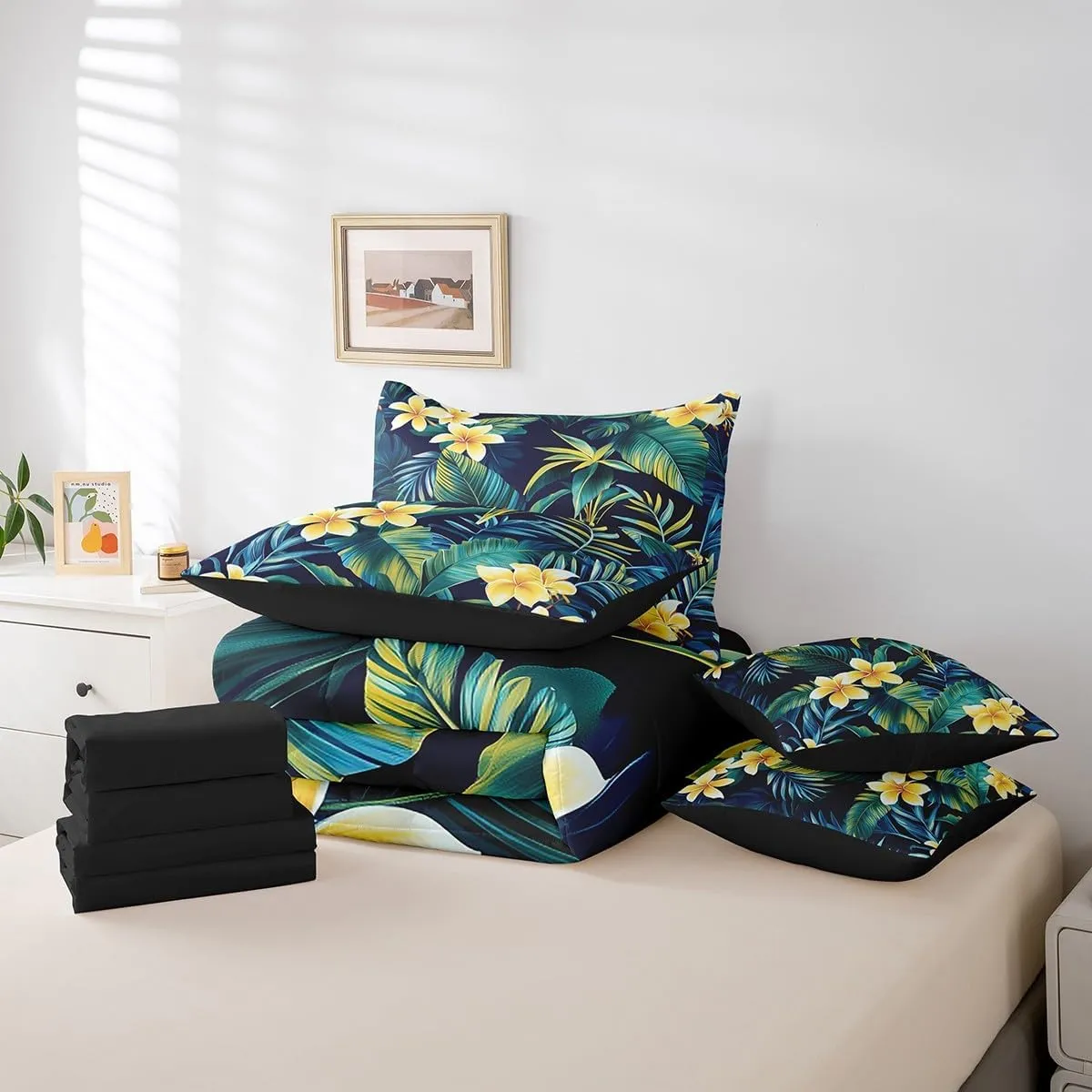 Erosebridal Hibiscus Flowers Bed in a Bag Queen Comforter Set 7 Piece,Watercolor Shrubalthea Bedding Sets Botanical Floral Althea Sheet Set with Comforter,Tropical Palm Leaves Bed Set