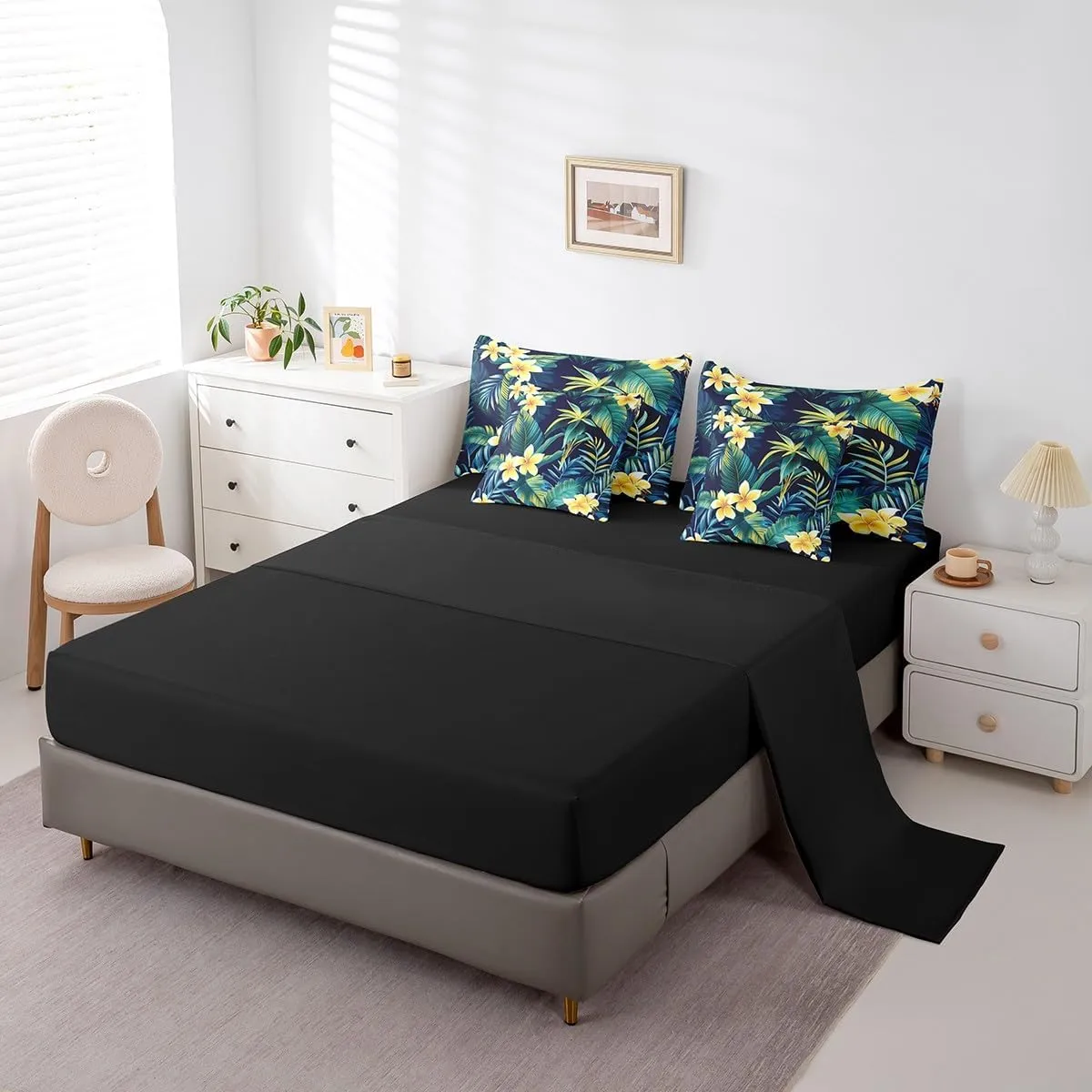 Erosebridal Hibiscus Flowers Bed in a Bag Queen Comforter Set 7 Piece,Watercolor Shrubalthea Bedding Sets Botanical Floral Althea Sheet Set with Comforter,Tropical Palm Leaves Bed Set