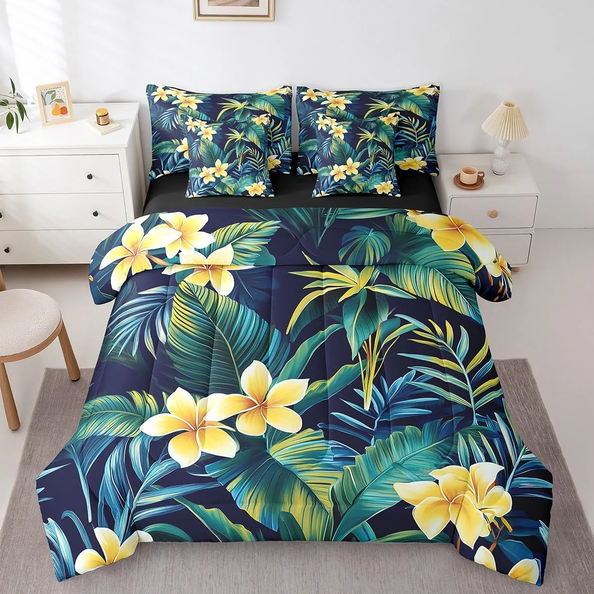 Erosebridal Hibiscus Flowers Bed in a Bag Queen Comforter Set 7 Piece,Watercolor Shrubalthea Bedding Sets Botanical Floral Althea Sheet Set with Comforter,Tropical Palm Leaves Bed Set
