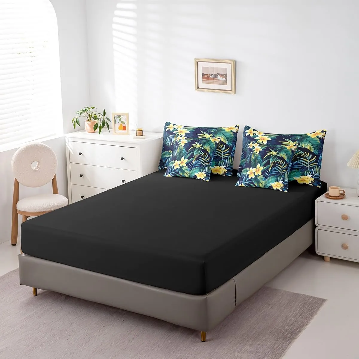 Erosebridal Hibiscus Flowers Bed in a Bag Queen Comforter Set 7 Piece,Watercolor Shrubalthea Bedding Sets Botanical Floral Althea Sheet Set with Comforter,Tropical Palm Leaves Bed Set