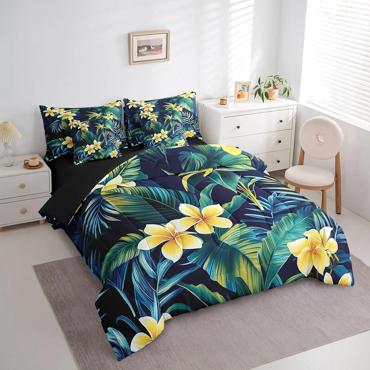Erosebridal Hibiscus Flowers Bed in a Bag Queen Comforter Set 7 Piece,Watercolor Shrubalthea Bedding Sets Botanical Floral Althea Sheet Set with Comforter,Tropical Palm Leaves Bed Set