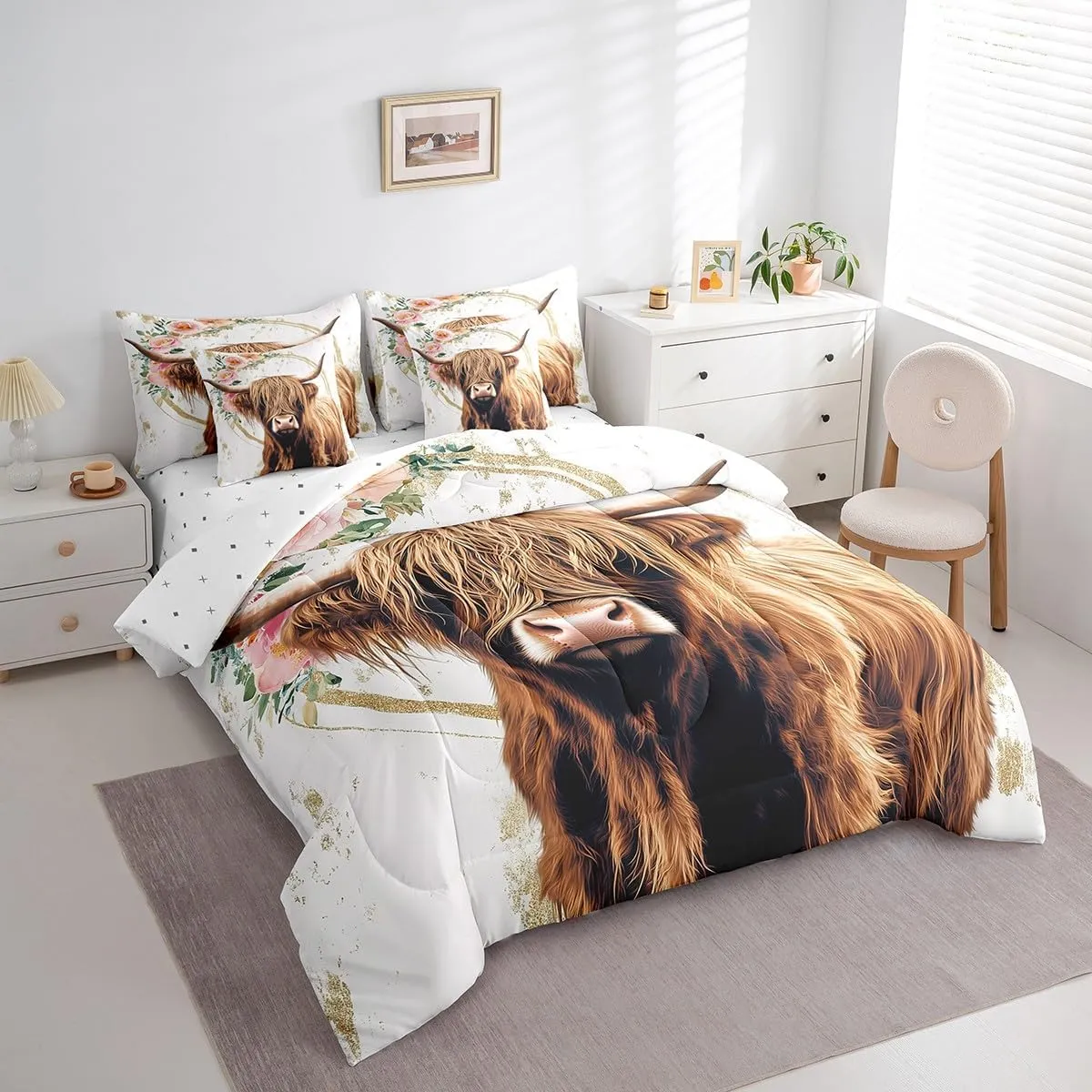 Erosebridal Highland Cow Bed in a Bag Queen Comforter Set 7 Piece,Cowboy Western Animals Bedding Set,Longhorn Bull Comforter and Sheet Set Rustic Flowers Bed Set,Farm Wildlife Cattle Farmhouse Decor