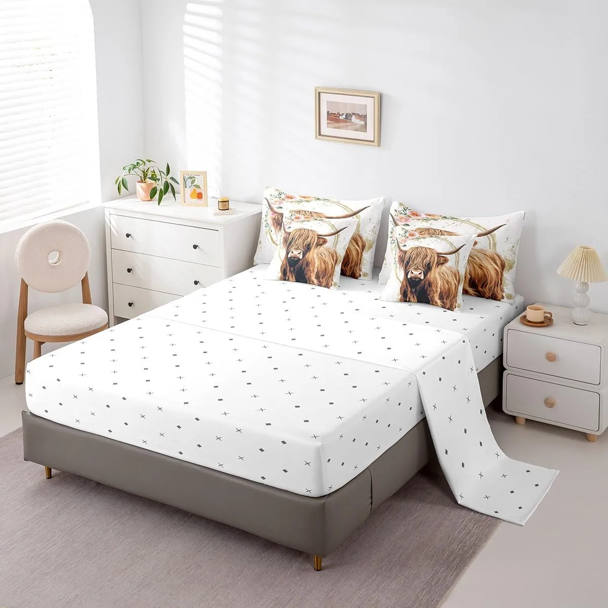Erosebridal Highland Cow Bed in a Bag Queen Comforter Set 7 Piece,Cowboy Western Animals Bedding Set,Longhorn Bull Comforter and Sheet Set Rustic Flowers Bed Set,Farm Wildlife Cattle Farmhouse Decor