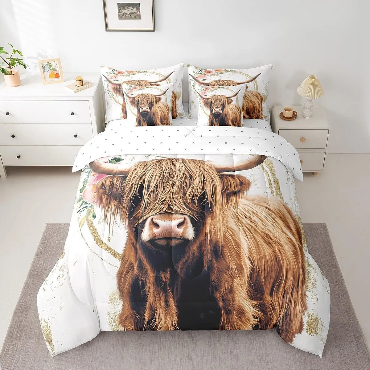 Erosebridal Highland Cow Bed in a Bag Queen Comforter Set 7 Piece,Cowboy Western Animals Bedding Set,Longhorn Bull Comforter and Sheet Set Rustic Flowers Bed Set,Farm Wildlife Cattle Farmhouse Decor