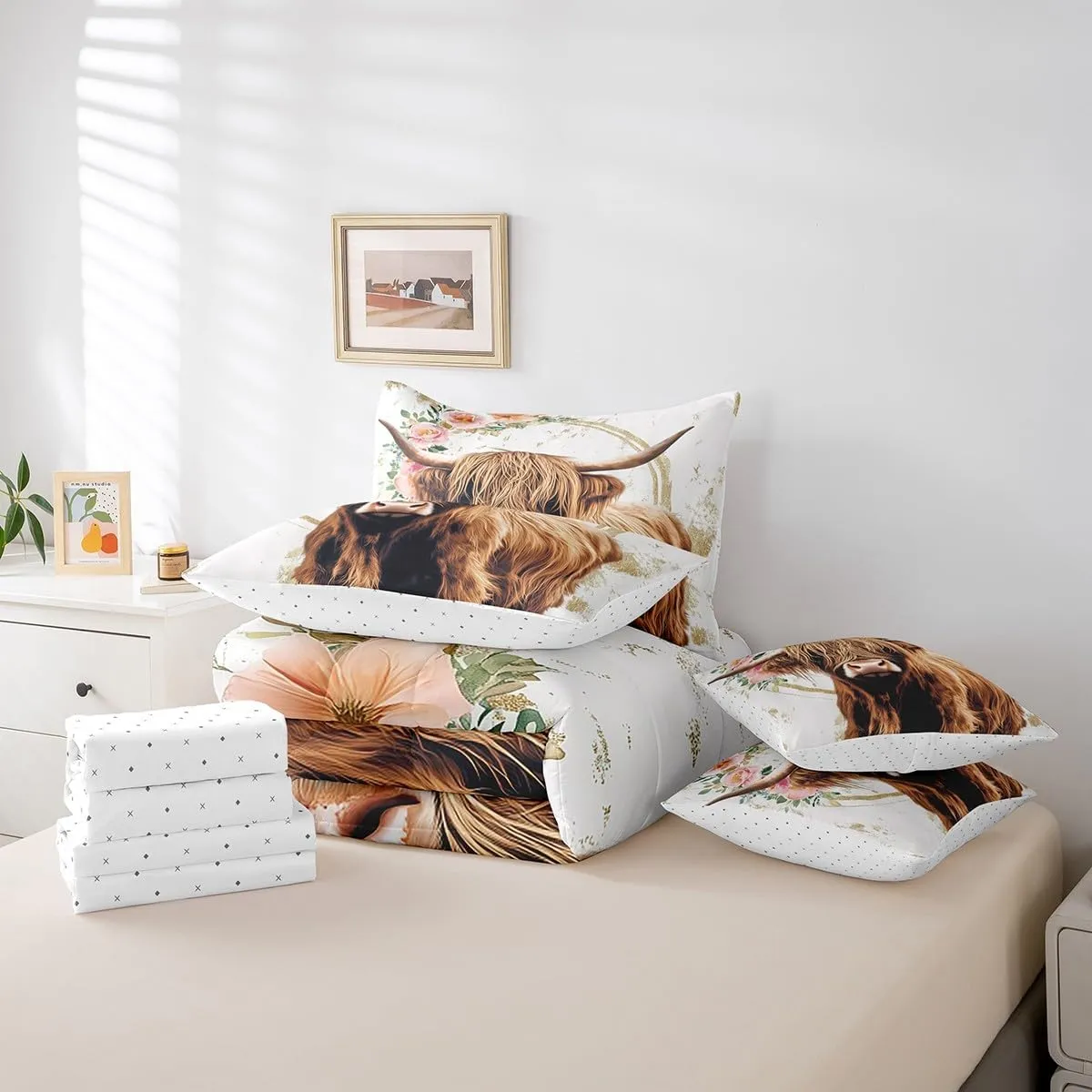 Erosebridal Highland Cow Bed in a Bag Queen Comforter Set 7 Piece,Cowboy Western Animals Bedding Set,Longhorn Bull Comforter and Sheet Set Rustic Flowers Bed Set,Farm Wildlife Cattle Farmhouse Decor