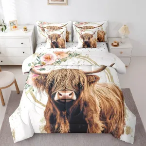 Erosebridal Highland Cow Bed in a Bag Queen Comforter Set 7 Piece,Cowboy Western Animals Bedding Set,Longhorn Bull Comforter and Sheet Set Rustic Flowers Bed Set,Farm Wildlife Cattle Farmhouse Decor