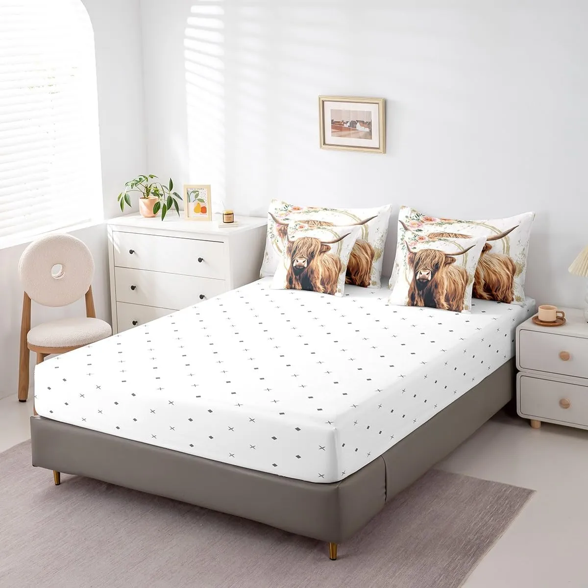 Erosebridal Highland Cow Bed in a Bag Queen Comforter Set 7 Piece,Cowboy Western Animals Bedding Set,Longhorn Bull Comforter and Sheet Set Rustic Flowers Bed Set,Farm Wildlife Cattle Farmhouse Decor