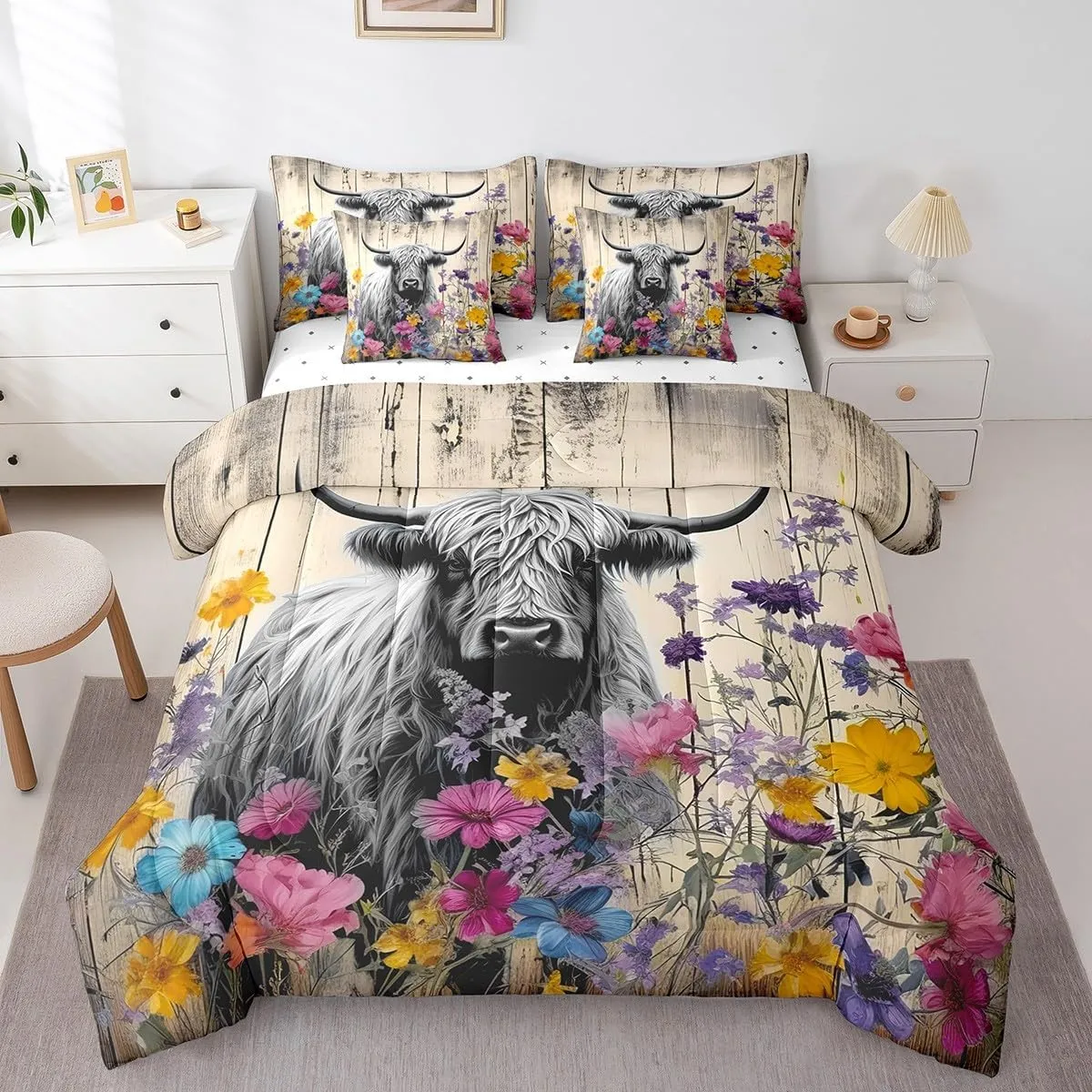 Erosebridal Highland Cow Comforter Set 7 Piece Bed in a Bag Twin,Brown Rustic Plank Flowers Bedding Sets Longhorn Bull Farm Animal Cowboy Sheet Set with Comforter