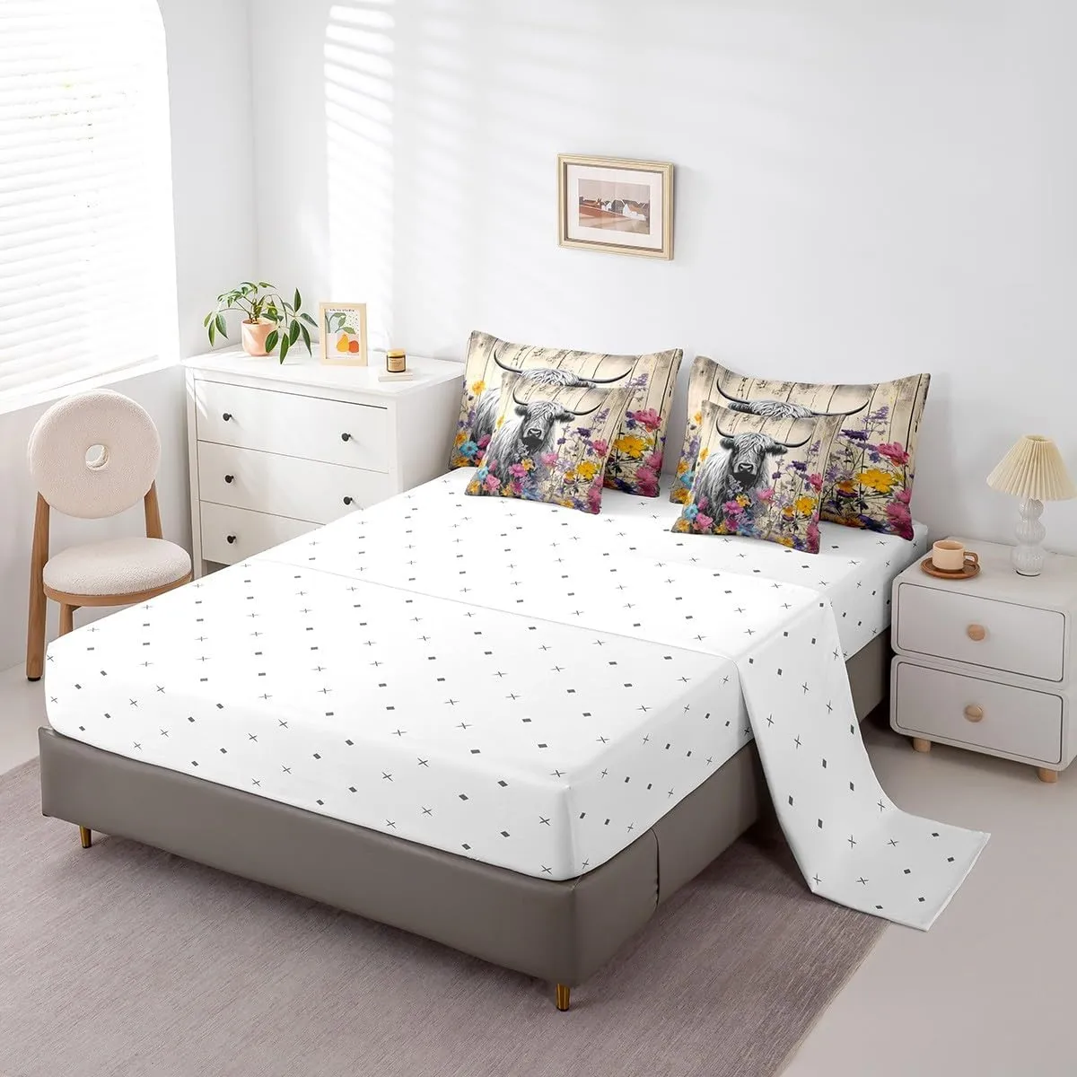 Erosebridal Highland Cow Comforter Set 7 Piece Bed in a Bag Twin,Brown Rustic Plank Flowers Bedding Sets Longhorn Bull Farm Animal Cowboy Sheet Set with Comforter