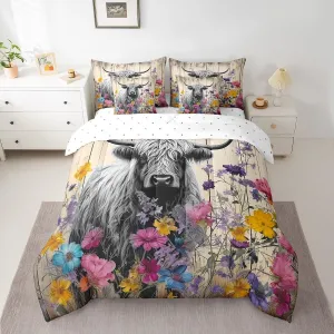Erosebridal Highland Cow Comforter Set 7 Piece Bed in a Bag Twin,Brown Rustic Plank Flowers Bedding Sets Longhorn Bull Farm Animal Cowboy Sheet Set with Comforter