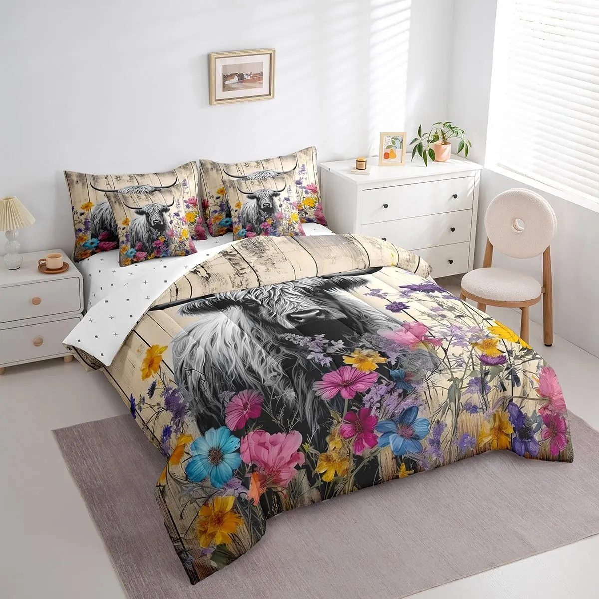 Erosebridal Highland Cow Comforter Set 7 Piece Bed in a Bag Twin,Brown Rustic Plank Flowers Bedding Sets Longhorn Bull Farm Animal Cowboy Sheet Set with Comforter