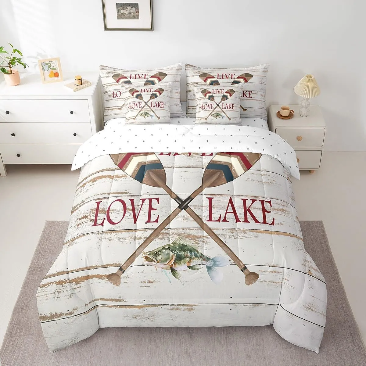 Erosebridal Lake Paddle Pike Fish Comforter Set 7 Piece Bed in a Bag Twin,Boat Blade Oar Bedding Sets Creamy White Cabin Lake House Decor Sheet Set with Comforter