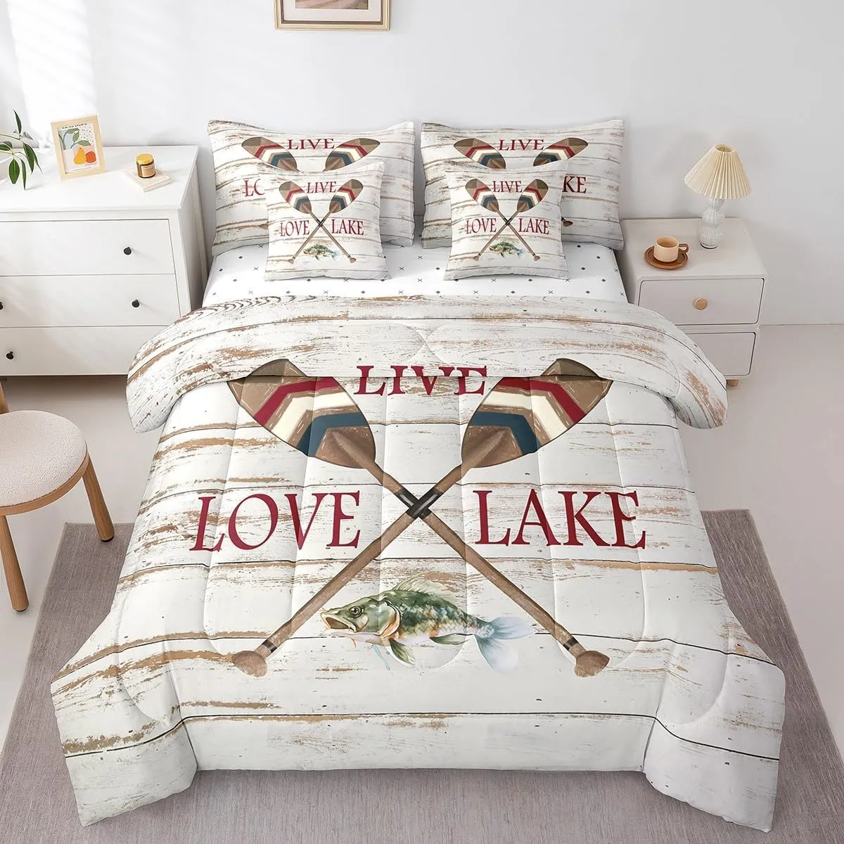 Erosebridal Lake Paddle Pike Fish Comforter Set 7 Piece Bed in a Bag Twin,Boat Blade Oar Bedding Sets Creamy White Cabin Lake House Decor Sheet Set with Comforter