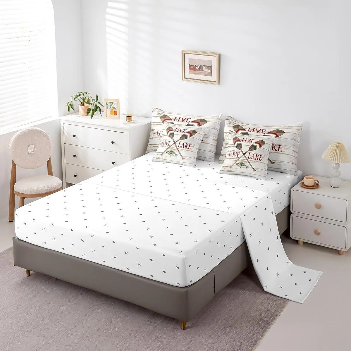 Erosebridal Lake Paddle Pike Fish Comforter Set 7 Piece Bed in a Bag Twin,Boat Blade Oar Bedding Sets Creamy White Cabin Lake House Decor Sheet Set with Comforter