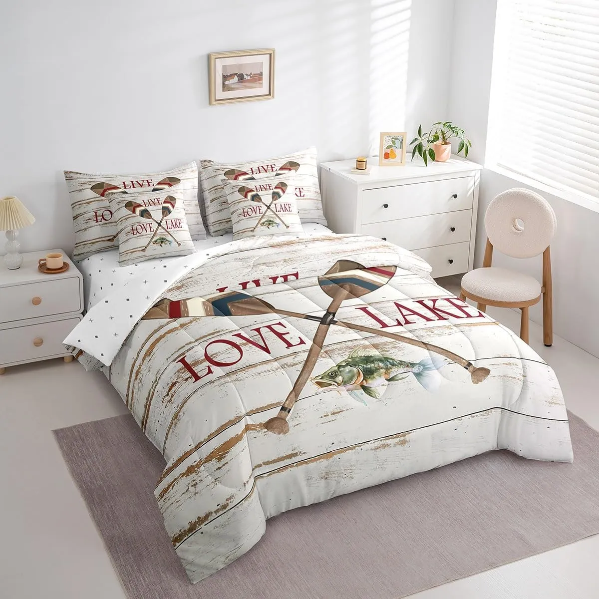 Erosebridal Lake Paddle Pike Fish Comforter Set 7 Piece Bed in a Bag Twin,Boat Blade Oar Bedding Sets Creamy White Cabin Lake House Decor Sheet Set with Comforter