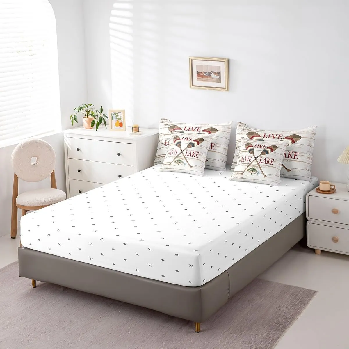 Erosebridal Lake Paddle Pike Fish Comforter Set 7 Piece Bed in a Bag Twin,Boat Blade Oar Bedding Sets Creamy White Cabin Lake House Decor Sheet Set with Comforter