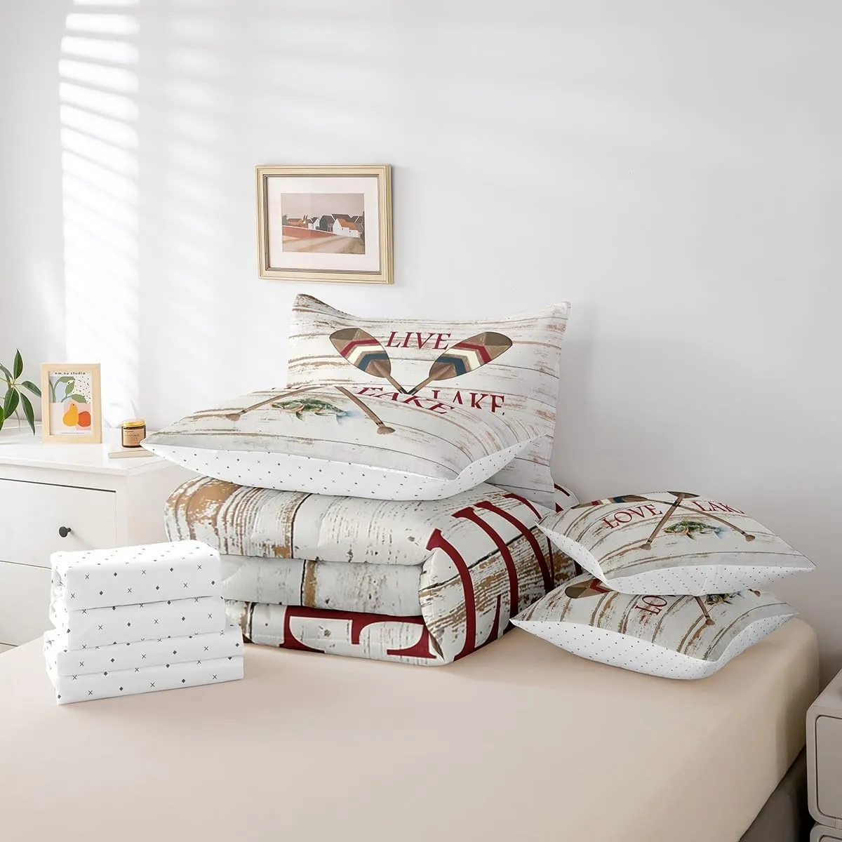Erosebridal Lake Paddle Pike Fish Comforter Set 7 Piece Bed in a Bag Twin,Boat Blade Oar Bedding Sets Creamy White Cabin Lake House Decor Sheet Set with Comforter