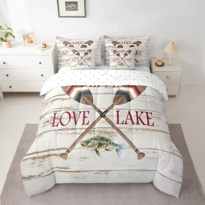 Erosebridal Lake Paddle Pike Fish Comforter Set 7 Piece Bed in a Bag Twin,Boat Blade Oar Bedding Sets Creamy White Cabin Lake House Decor Sheet Set with Comforter