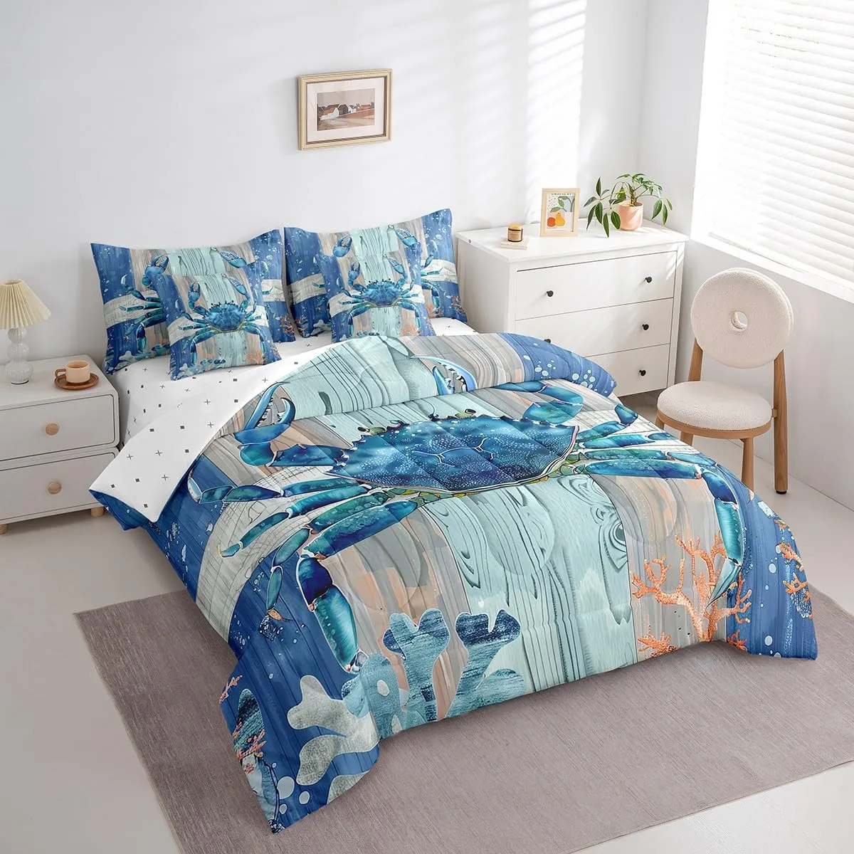 Erosebridal Ocean Crab Bed in a Bag King Size Comforter Set 7 Pieces,Under Sea Coral Reptile Bedding Sets Nautical Sea Animal Sheet Set with Comforter,Blue