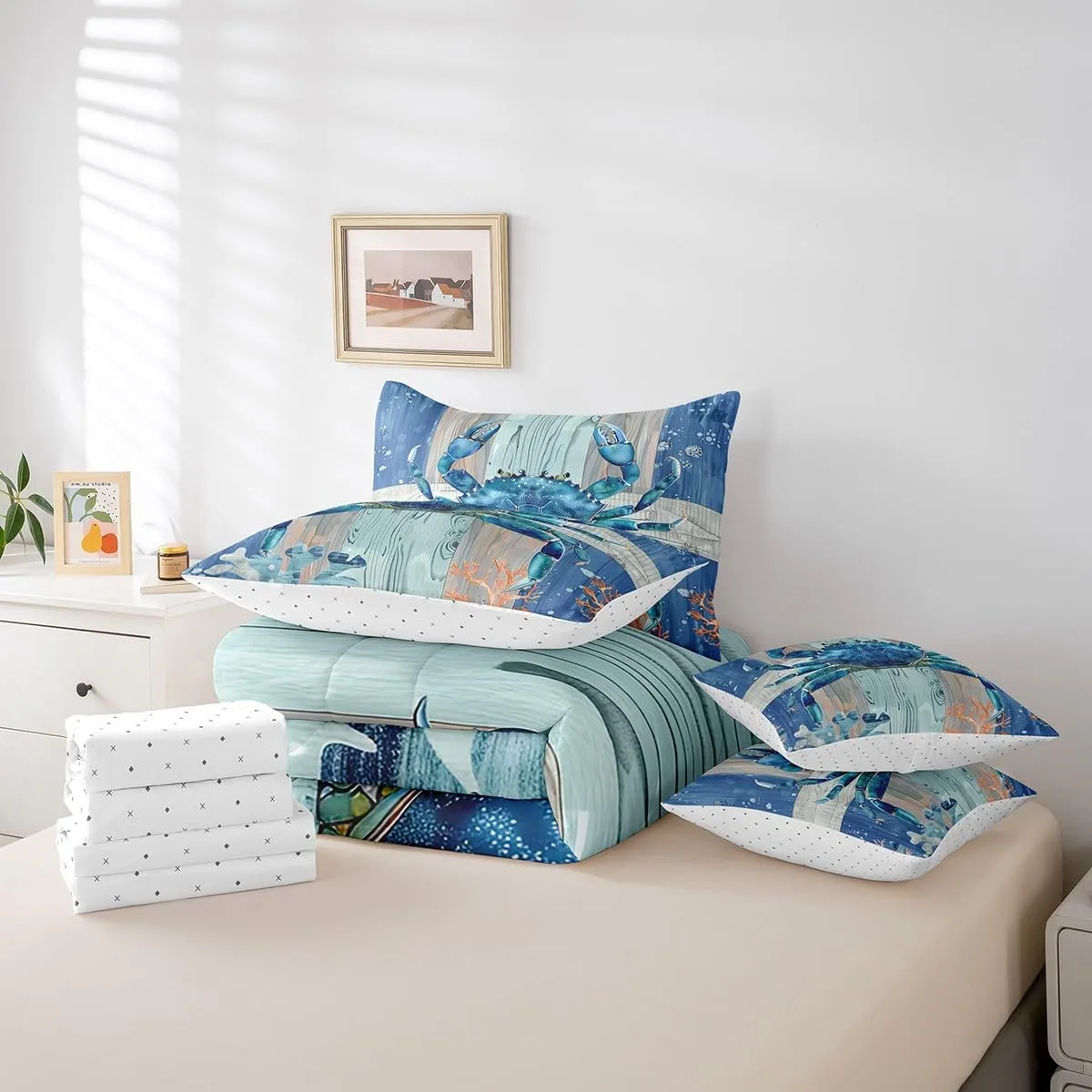 Erosebridal Ocean Crab Bed in a Bag King Size Comforter Set 7 Pieces,Under Sea Coral Reptile Bedding Sets Nautical Sea Animal Sheet Set with Comforter,Blue