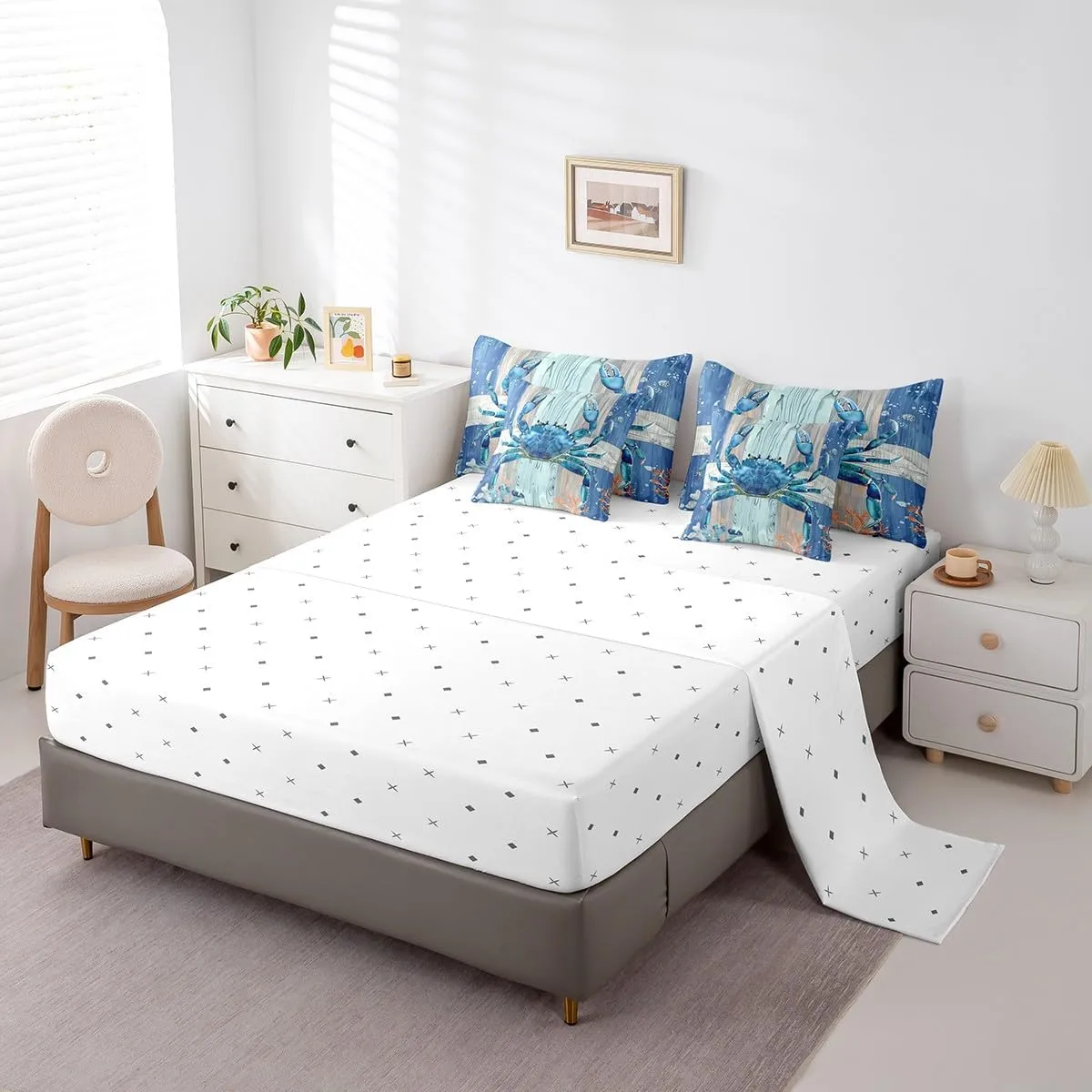 Erosebridal Ocean Crab Bed in a Bag King Size Comforter Set 7 Pieces,Under Sea Coral Reptile Bedding Sets Nautical Sea Animal Sheet Set with Comforter,Blue