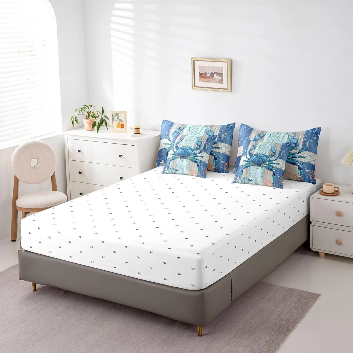 Erosebridal Ocean Crab Bed in a Bag King Size Comforter Set 7 Pieces,Under Sea Coral Reptile Bedding Sets Nautical Sea Animal Sheet Set with Comforter,Blue