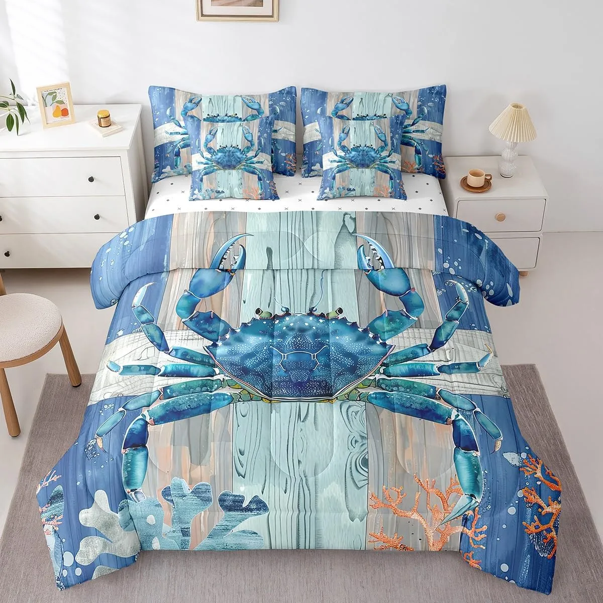 Erosebridal Ocean Crab Bed in a Bag King Size Comforter Set 7 Pieces,Under Sea Coral Reptile Bedding Sets Nautical Sea Animal Sheet Set with Comforter,Blue