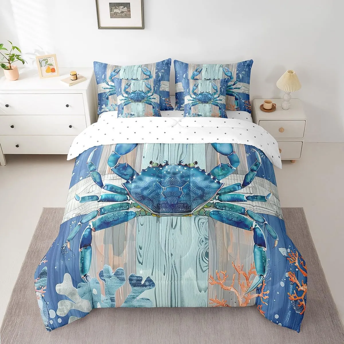 Erosebridal Ocean Crab Bed in a Bag King Size Comforter Set 7 Pieces,Under Sea Coral Reptile Bedding Sets Nautical Sea Animal Sheet Set with Comforter,Blue