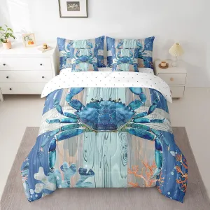 Erosebridal Ocean Crab Bed in a Bag King Size Comforter Set 7 Pieces,Under Sea Coral Reptile Bedding Sets Nautical Sea Animal Sheet Set with Comforter,Blue