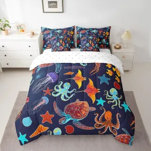 Erosebridal Ocean Decor Bed in a Bag Queen Comforter Set 7 Piece,Sea Turtle Jellyfish Bedding Sets Octopus Tentacles Sheet Set with Comforter