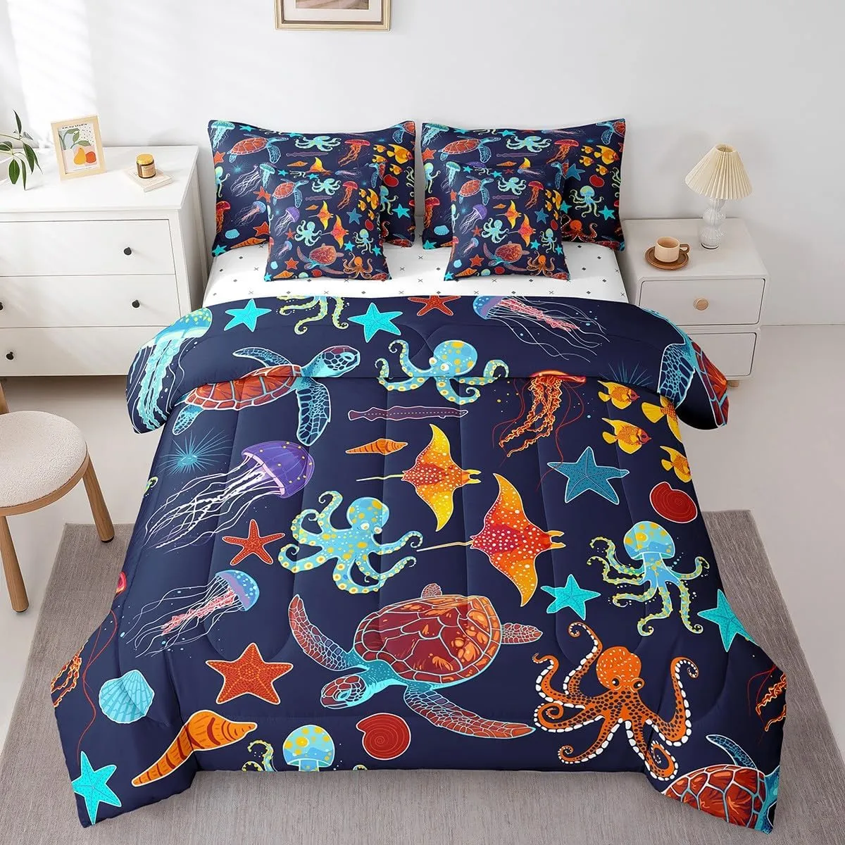 Erosebridal Ocean Decor Bed in a Bag Queen Comforter Set 7 Piece,Sea Turtle Jellyfish Bedding Sets Octopus Tentacles Sheet Set with Comforter