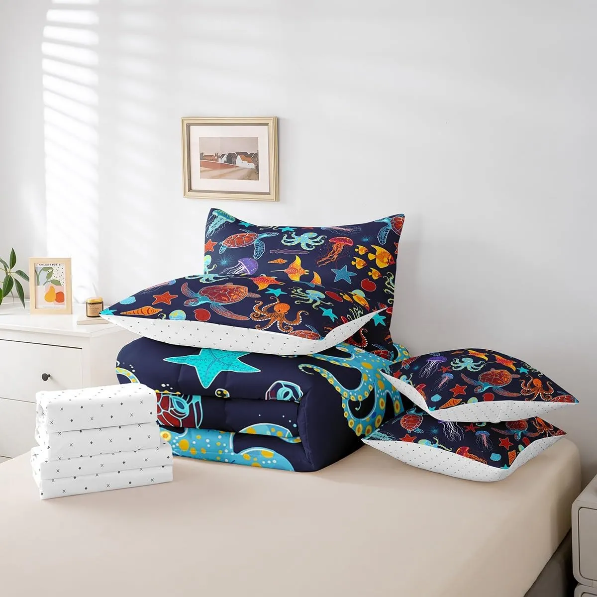 Erosebridal Ocean Decor Bed in a Bag Queen Comforter Set 7 Piece,Sea Turtle Jellyfish Bedding Sets Octopus Tentacles Sheet Set with Comforter