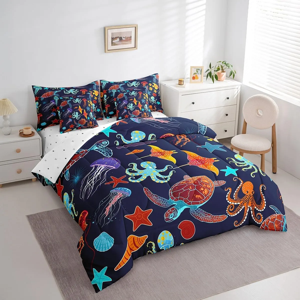 Erosebridal Ocean Decor Bed in a Bag Queen Comforter Set 7 Piece,Sea Turtle Jellyfish Bedding Sets Octopus Tentacles Sheet Set with Comforter