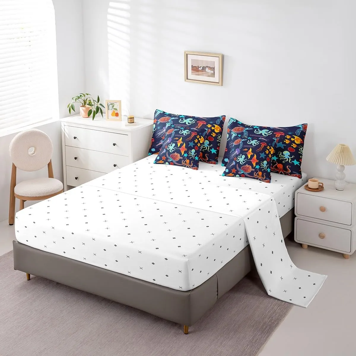 Erosebridal Ocean Decor Bed in a Bag Queen Comforter Set 7 Piece,Sea Turtle Jellyfish Bedding Sets Octopus Tentacles Sheet Set with Comforter