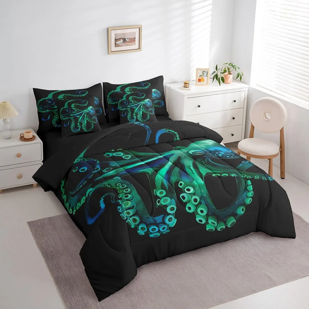 Erosebridal Octopus Bed in a Bag King Size Comforter Set 7 Pieces,Green Tentacles Bedding Sets Nautical Sea Animal Sheet Set with Comforter
