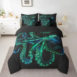 Erosebridal Octopus Bed in a Bag King Size Comforter Set 7 Pieces,Green Tentacles Bedding Sets Nautical Sea Animal Sheet Set with Comforter