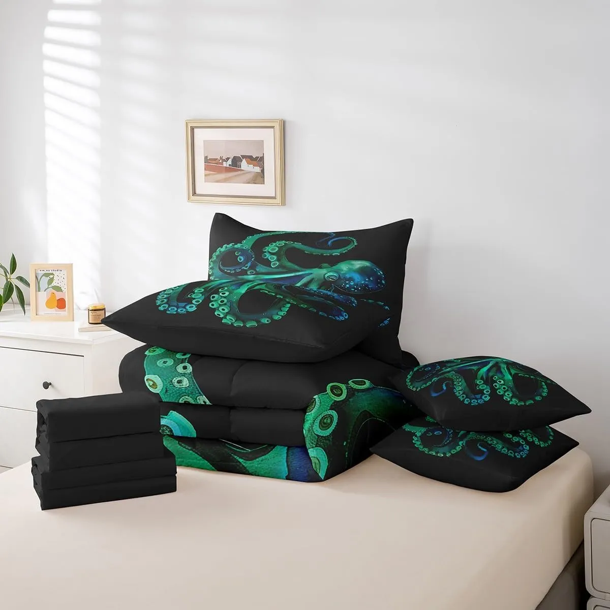 Erosebridal Octopus Bed in a Bag King Size Comforter Set 7 Pieces,Green Tentacles Bedding Sets Nautical Sea Animal Sheet Set with Comforter