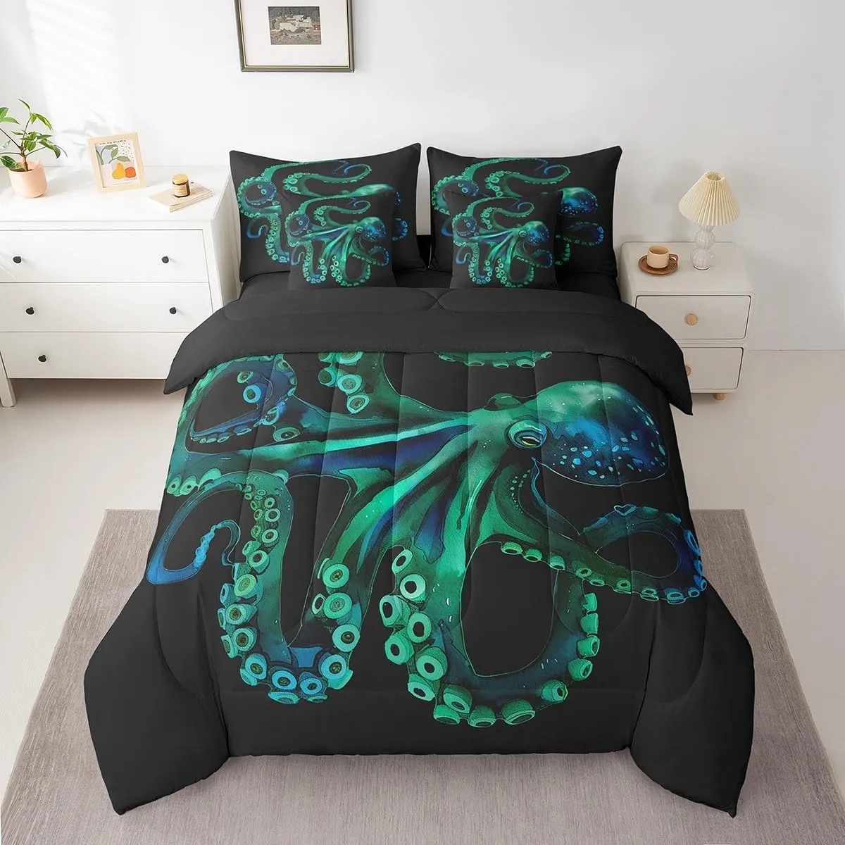 Erosebridal Octopus Bed in a Bag King Size Comforter Set 7 Pieces,Green Tentacles Bedding Sets Nautical Sea Animal Sheet Set with Comforter