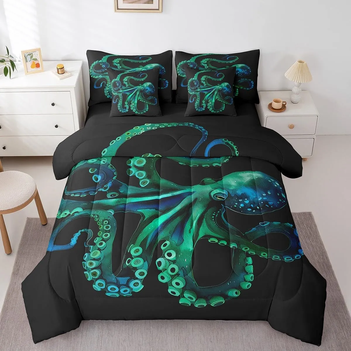 Erosebridal Octopus Bed in a Bag King Size Comforter Set 7 Pieces,Green Tentacles Bedding Sets Nautical Sea Animal Sheet Set with Comforter