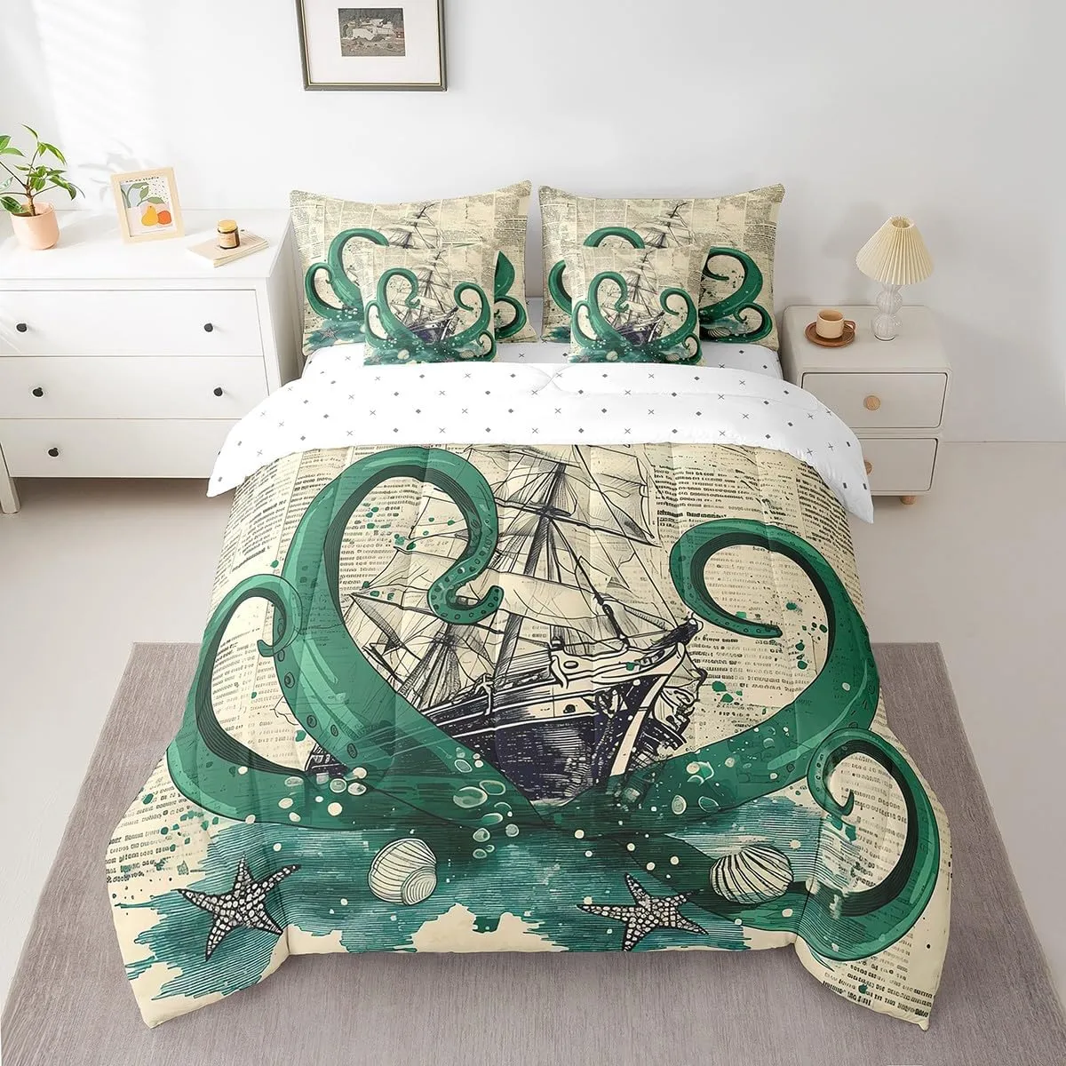 Erosebridal Octopus Tentacles Bed in a Bag King Size Comforter Set 7 Pieces,Nautical Retro Sailboat Bedding Sets Ocean World Map Sheet Set with Comforter