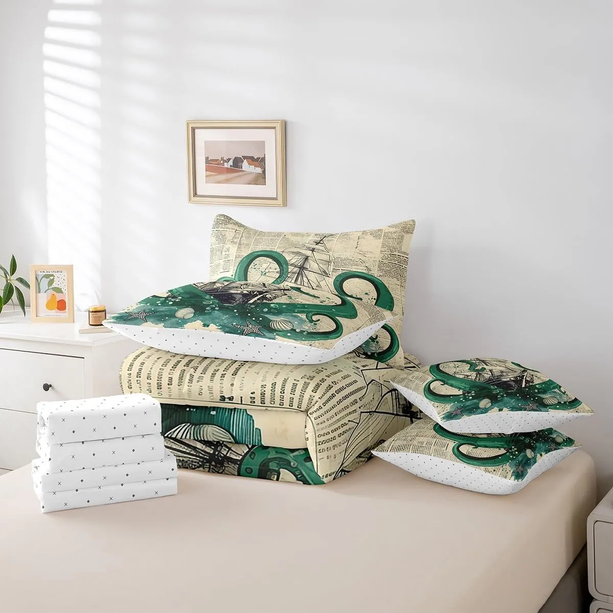 Erosebridal Octopus Tentacles Bed in a Bag King Size Comforter Set 7 Pieces,Nautical Retro Sailboat Bedding Sets Ocean World Map Sheet Set with Comforter