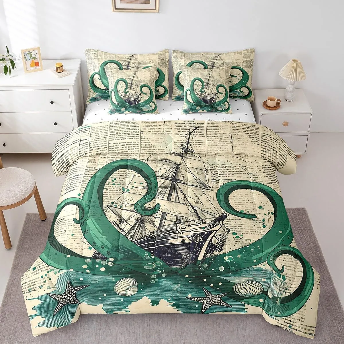 Erosebridal Octopus Tentacles Bed in a Bag King Size Comforter Set 7 Pieces,Nautical Retro Sailboat Bedding Sets Ocean World Map Sheet Set with Comforter